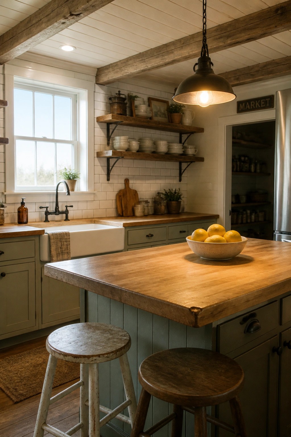 A kitchen with white shiplap ceiling, exposed wooden beams, green cabinets, and a large wooden island.
