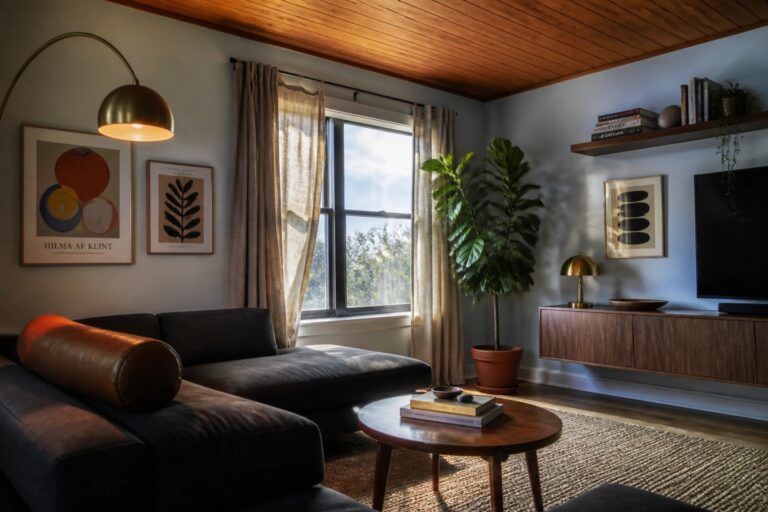 18 Affordable DIY Wood Ceiling Ideas for Budget-Friendly Room Updates A living room with a wooden plank ceiling, dark sectional sofa, wooden coffee table, and large window with sheer curtains.