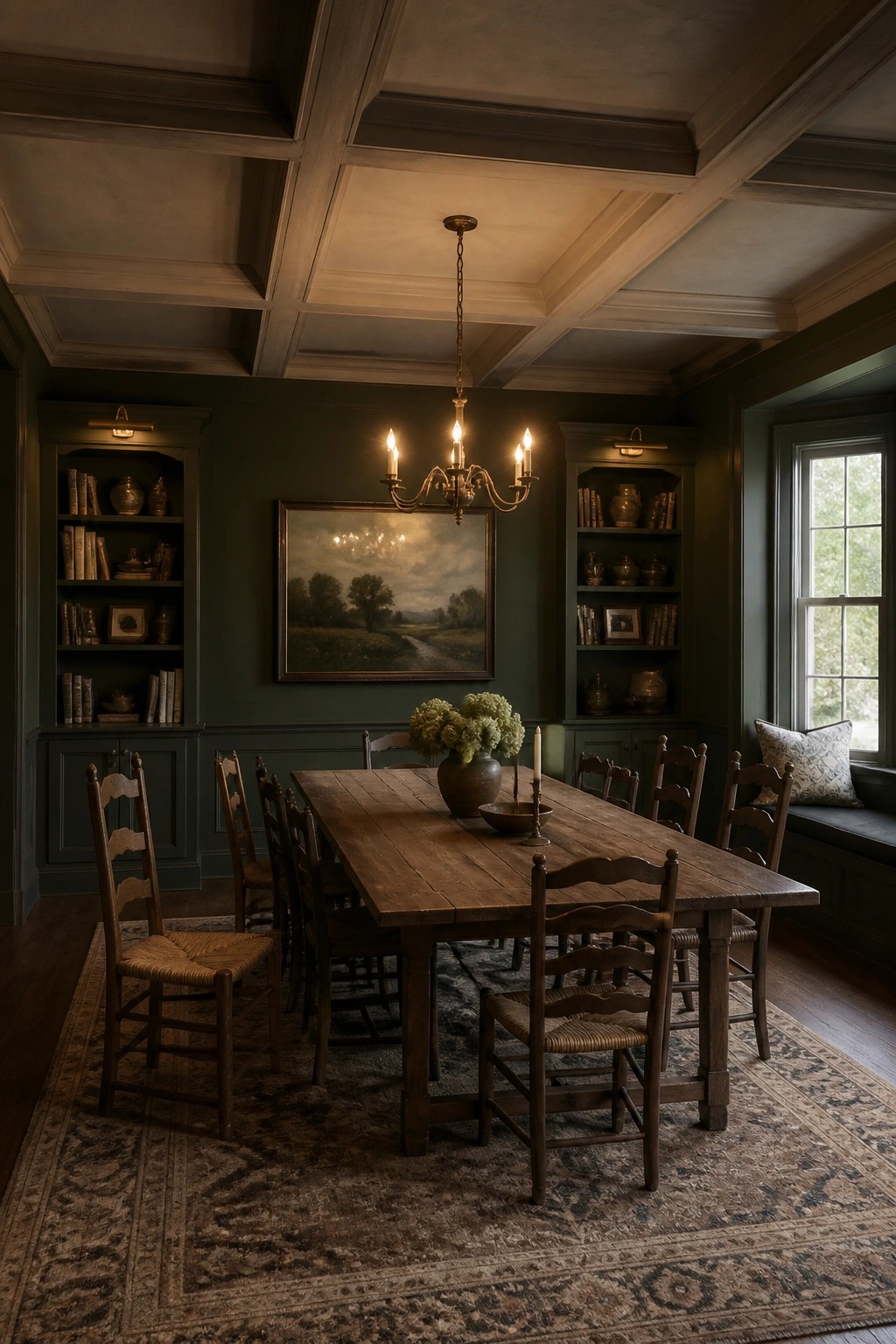A dining room featuring a wooden coffered ceiling, a long wooden table with chairs, built-in bookshelves, and a landscape painting on dark green walls.