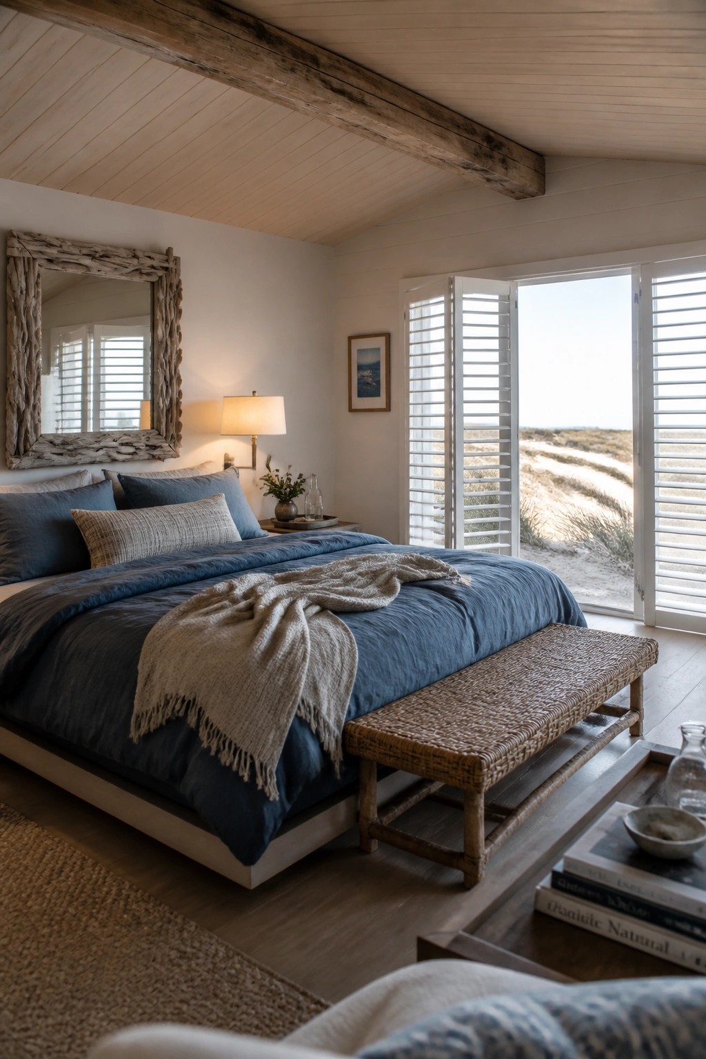 A bedroom interior showing a thick wooden beam running across a white plank ceiling above a bed with blue bedding.