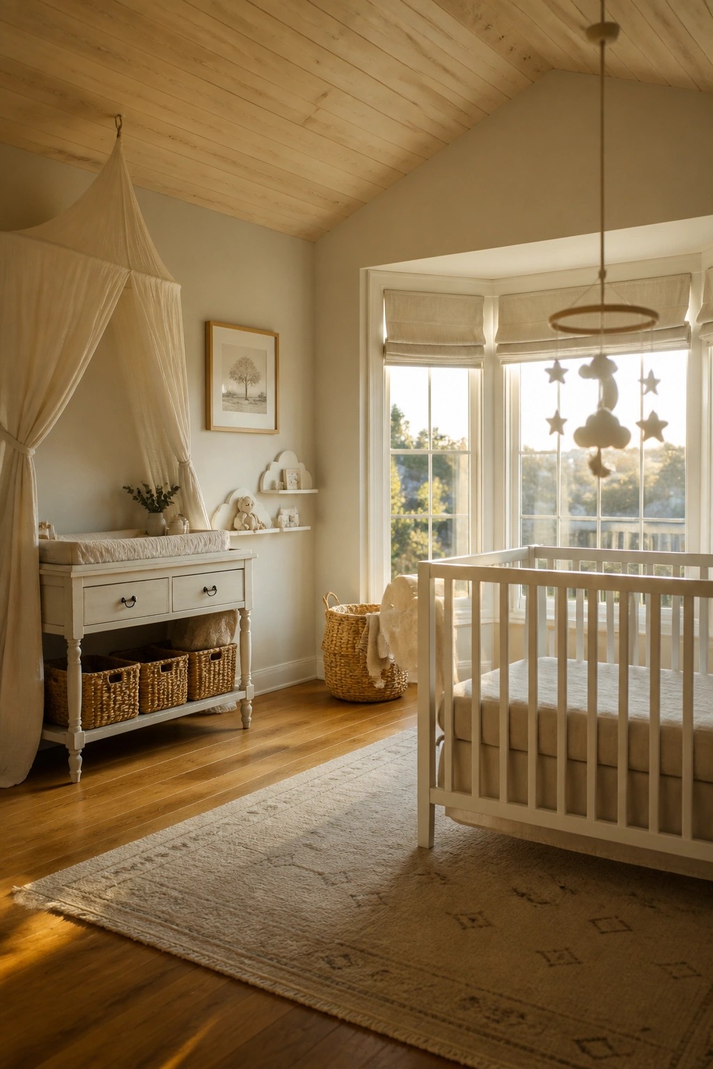 A nursery interior with a white crib, changing table, woven baskets, and light wood plank ceiling.