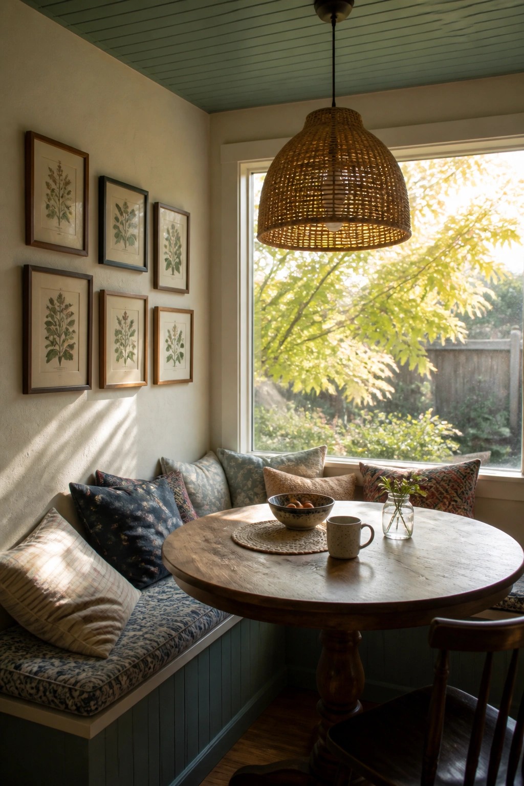 Cozy nook with round wooden table, window seat, botanical prints, and woven pendant light