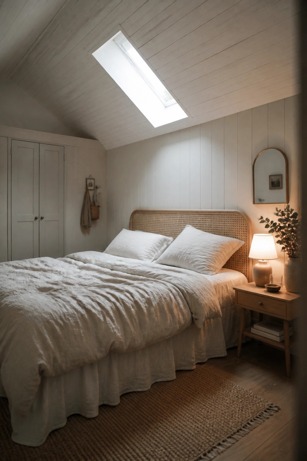 A bedroom with white wood plank ceiling, skylight, bed with white linens, cane headboard, and wooden nightstand.
