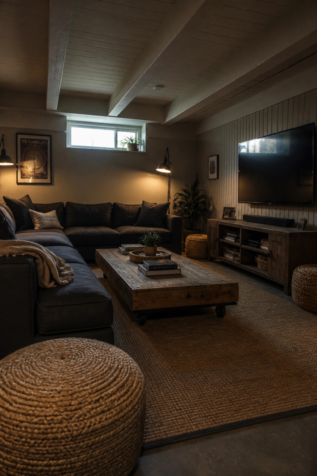 Cozy living room with dark sectional sofa, rustic coffee table, and wall-mounted TV.