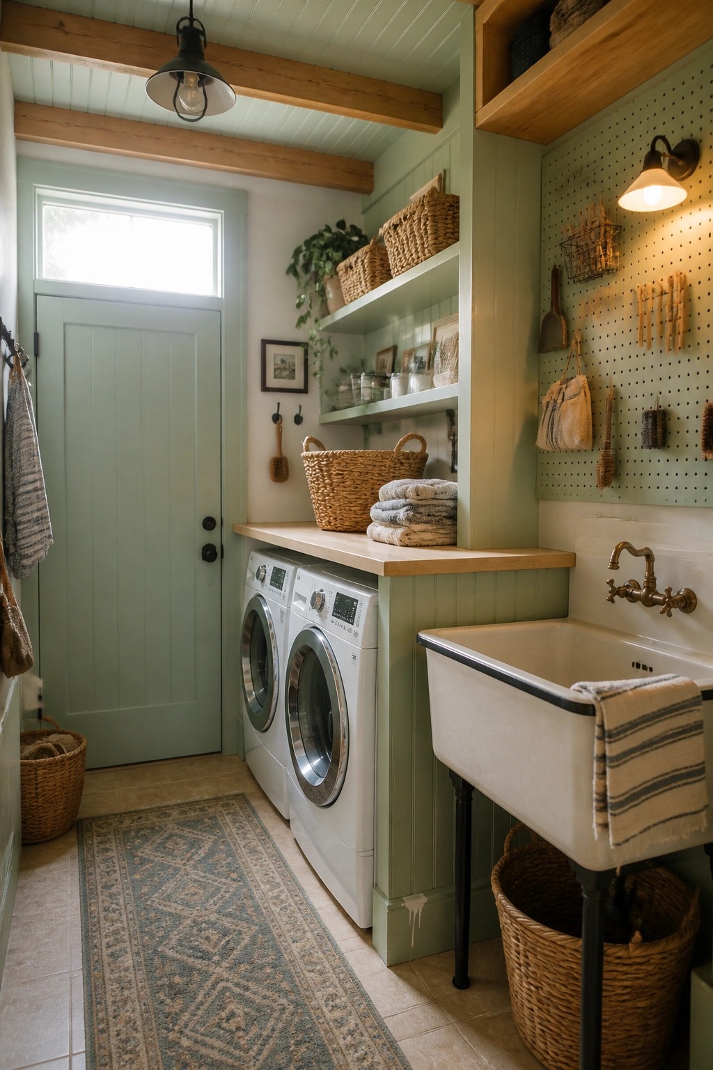 A laundry room with white washer and dryer units, a utility sink, open wooden shelves, and exposed wood beams on a light green ceiling.