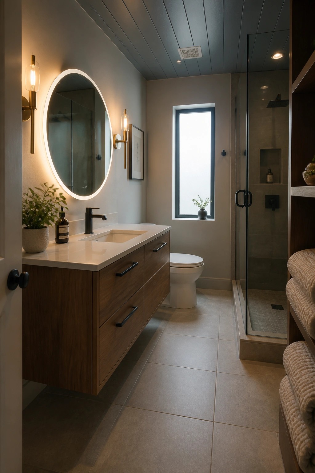 A bathroom interior with dark wood plank ceiling, floating wood vanity, round backlit mirror, and glass shower enclosure.