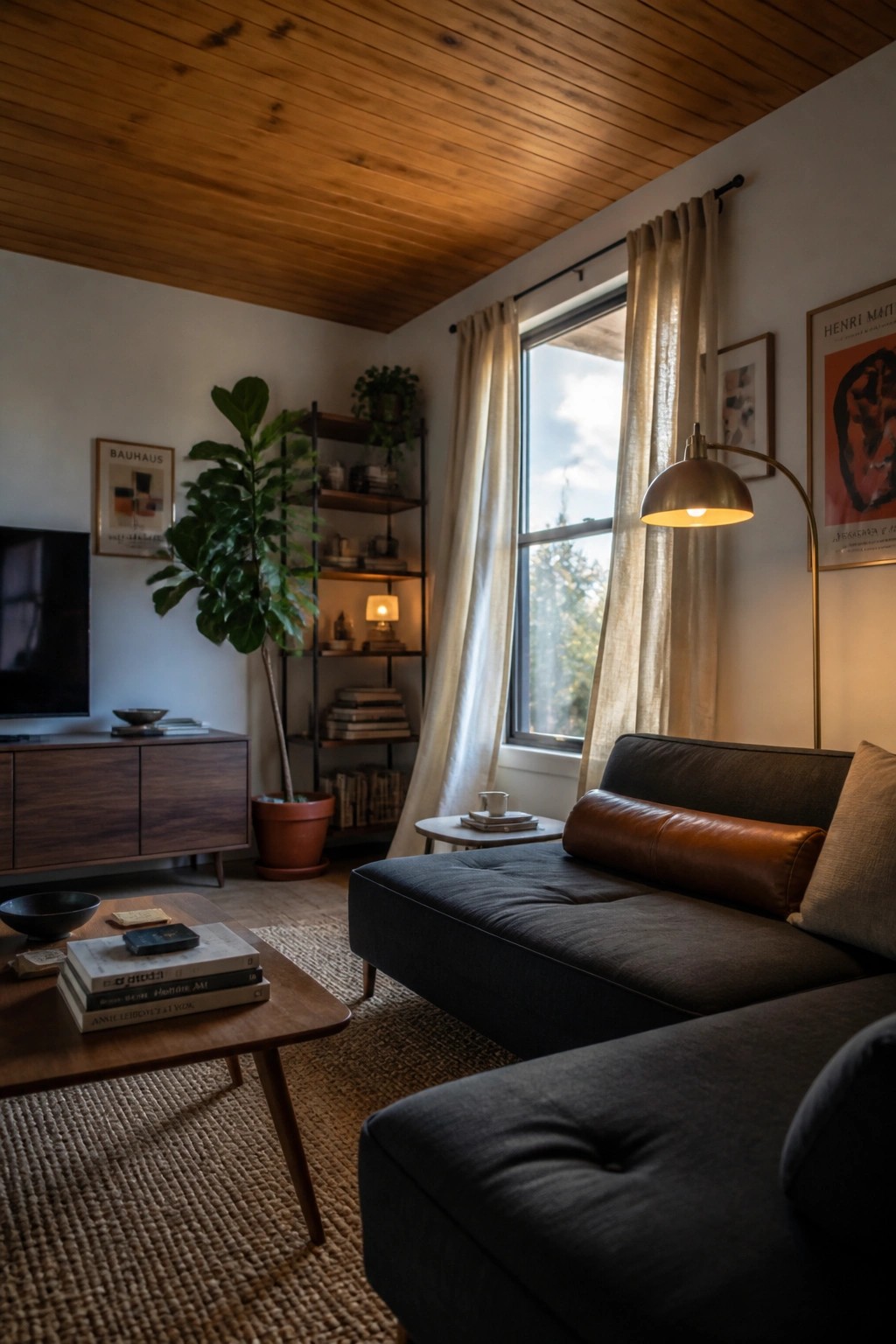 A living room with a wooden plank ceiling, dark sectional sofa, wooden coffee table, and large window with sheer curtains.