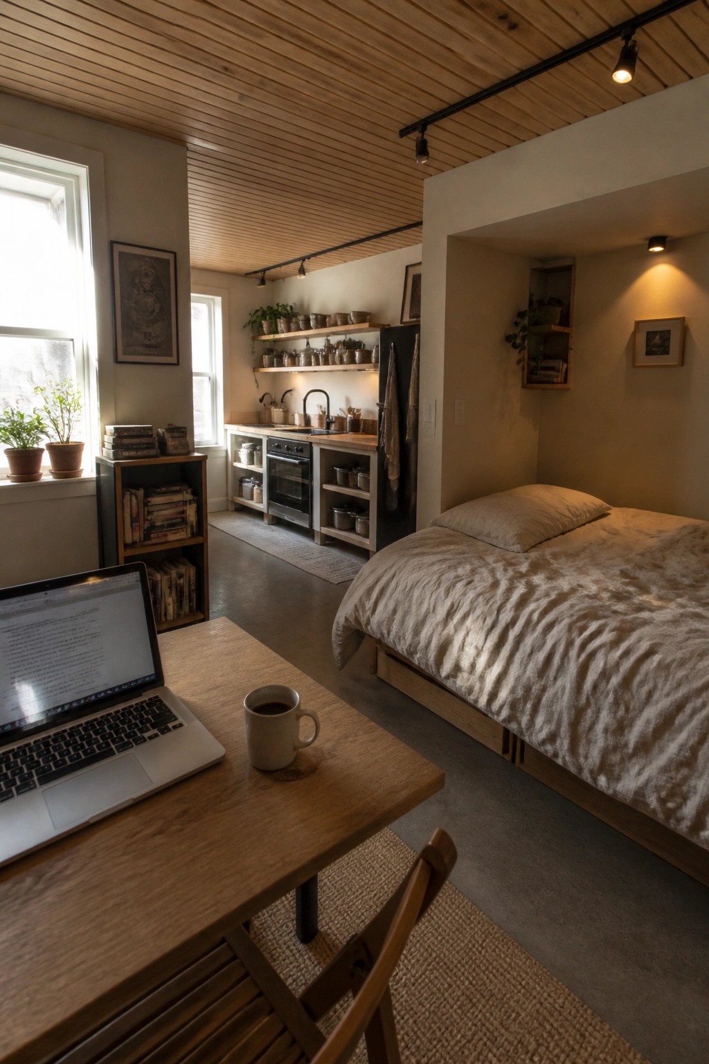 A bedroom interior with a light wood plank ceiling, track lighting, a bed on the right, and a wooden table with a laptop in the foreground.