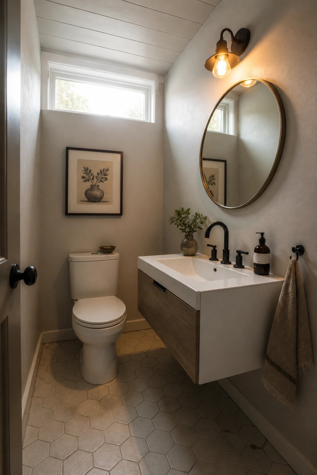 A small bathroom interior with a white wood plank ceiling, toilet on the left, floating vanity with round mirror on the right, and light gray hexagonal tile floor.