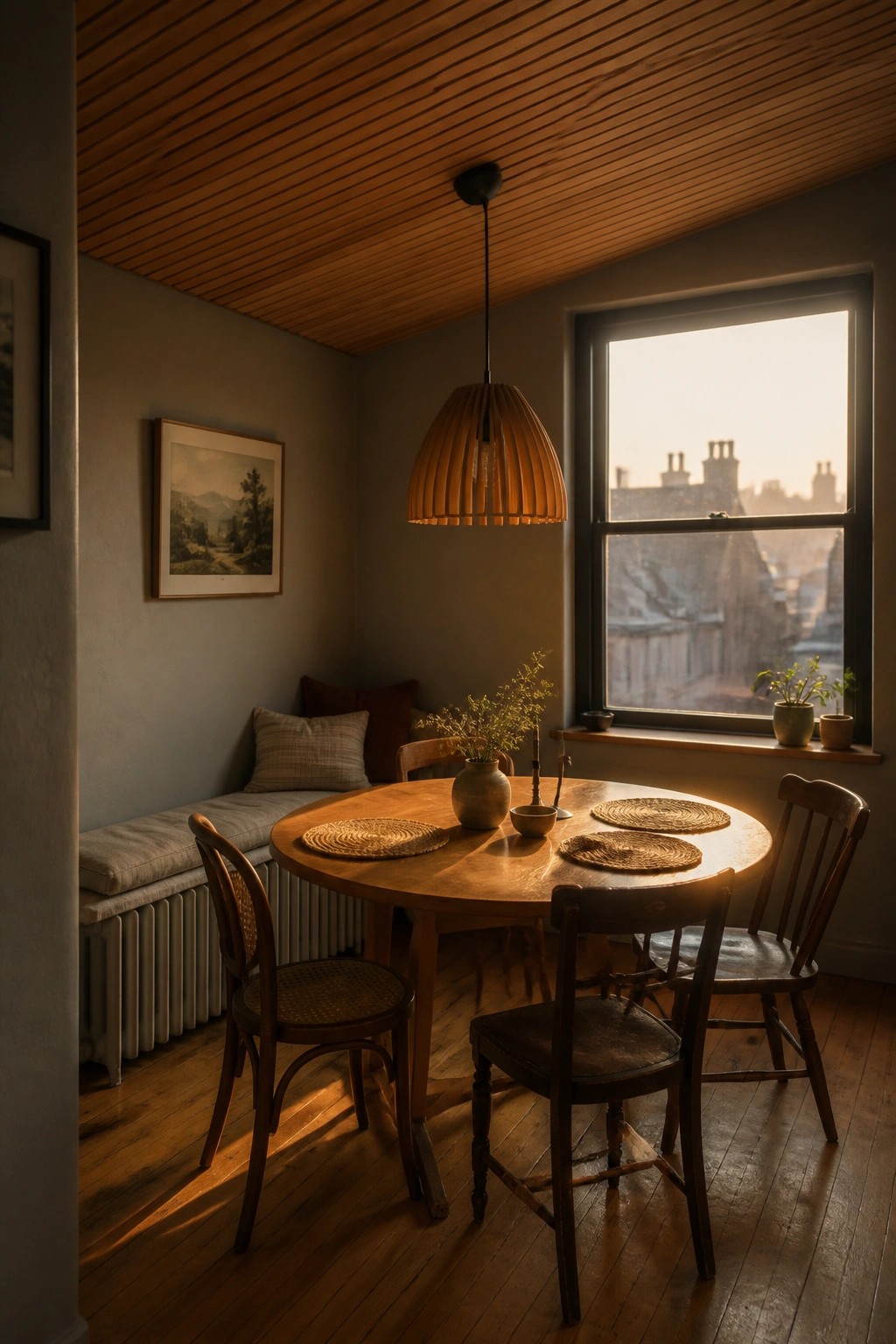 A dining area with a round wooden table, several chairs, a hanging light fixture, and a ceiling finished with horizontal wood planks.