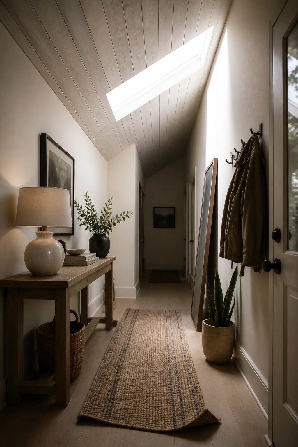 Sunlit narrow hallway with console table, woven runner rug, jacket on hooks, plants