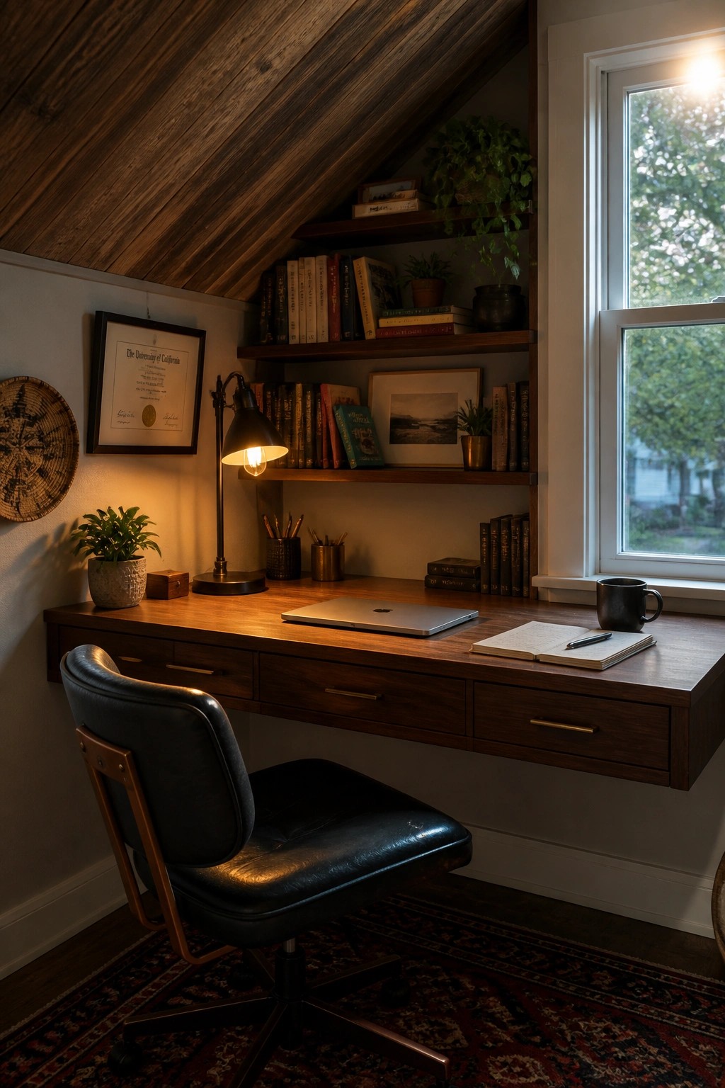 A wooden desk setup beneath a sloped wood plank ceiling with built-in shelves, books, a laptop, and a black leather office chair.