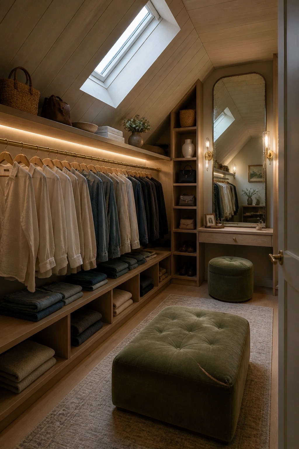 An attic closet with light wood plank ceiling and walls, a skylight, clothing racks, built-in shelves, a vanity with mirror, and two green ottomans on a rug.