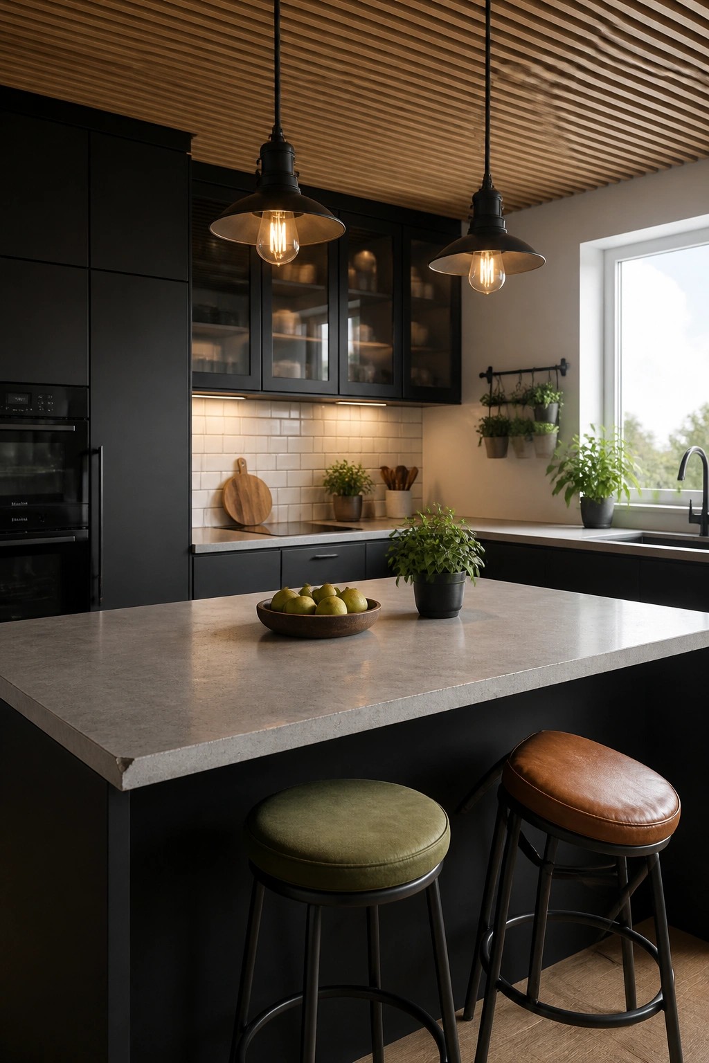 A kitchen interior showing a wood slat ceiling above black cabinets, a concrete island with two stools, and a window on the right.