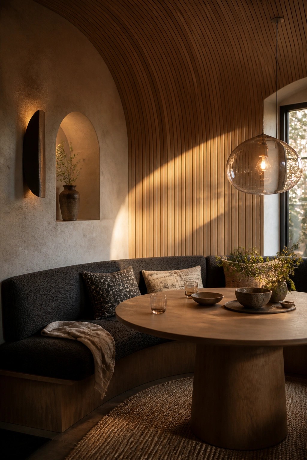 A dining nook with a curved banquette, round wooden table, and a ceiling of vertical wood slats that curve overhead, lit by a glass pendant.