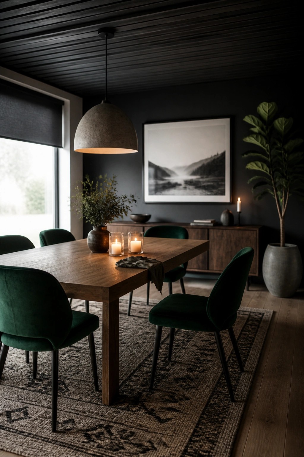 A dining room featuring a dark wood slat ceiling, a wooden table with green velvet chairs, two lit candles, and a large pendant light.
