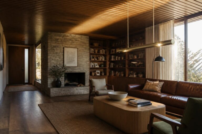 17 Bold Wood Slat Ceiling Ideas That Add Rhythm and Architectural Interest Interior of a living room with a wood slat ceiling, brown leather sofa, wooden coffee table on a rug, and a stone fireplace.