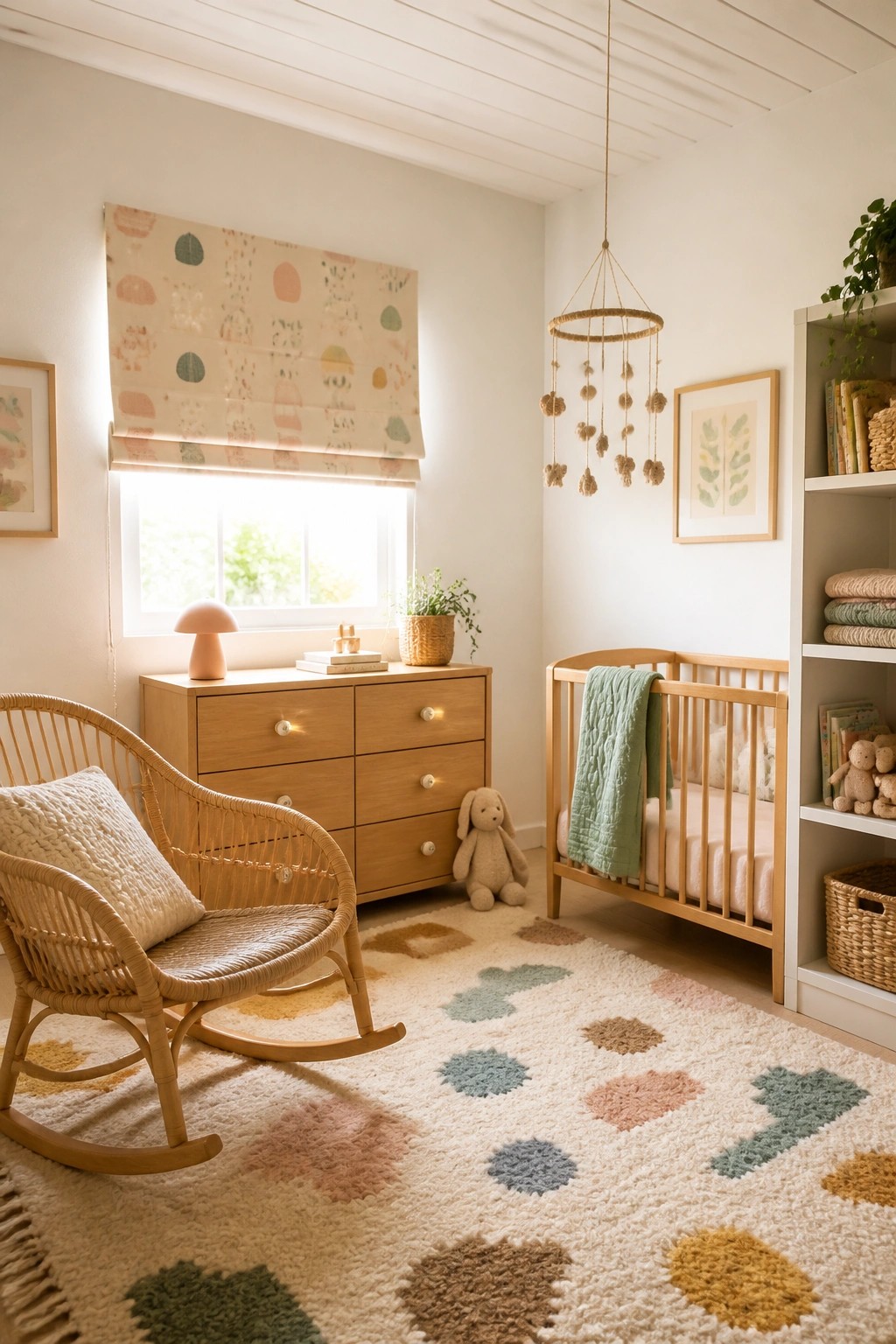 A bright nursery with a white wood slat ceiling, a wooden crib, a rattan rocking chair, a patterned rug, and a wooden dresser under a window with a patterned shade.