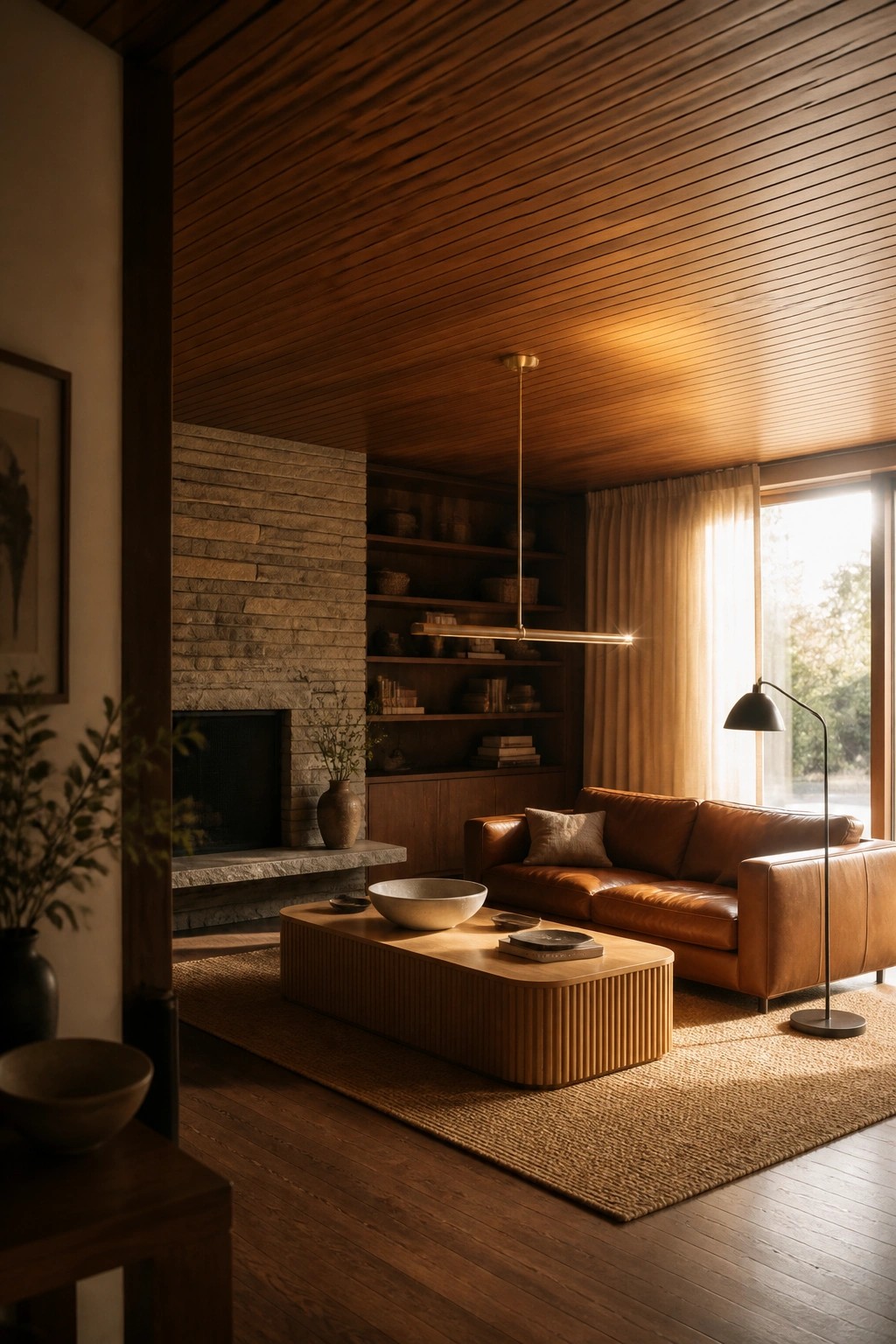 Interior of a living room with a wood slat ceiling, brown leather sofa, wooden coffee table on a rug, and a stone fireplace.