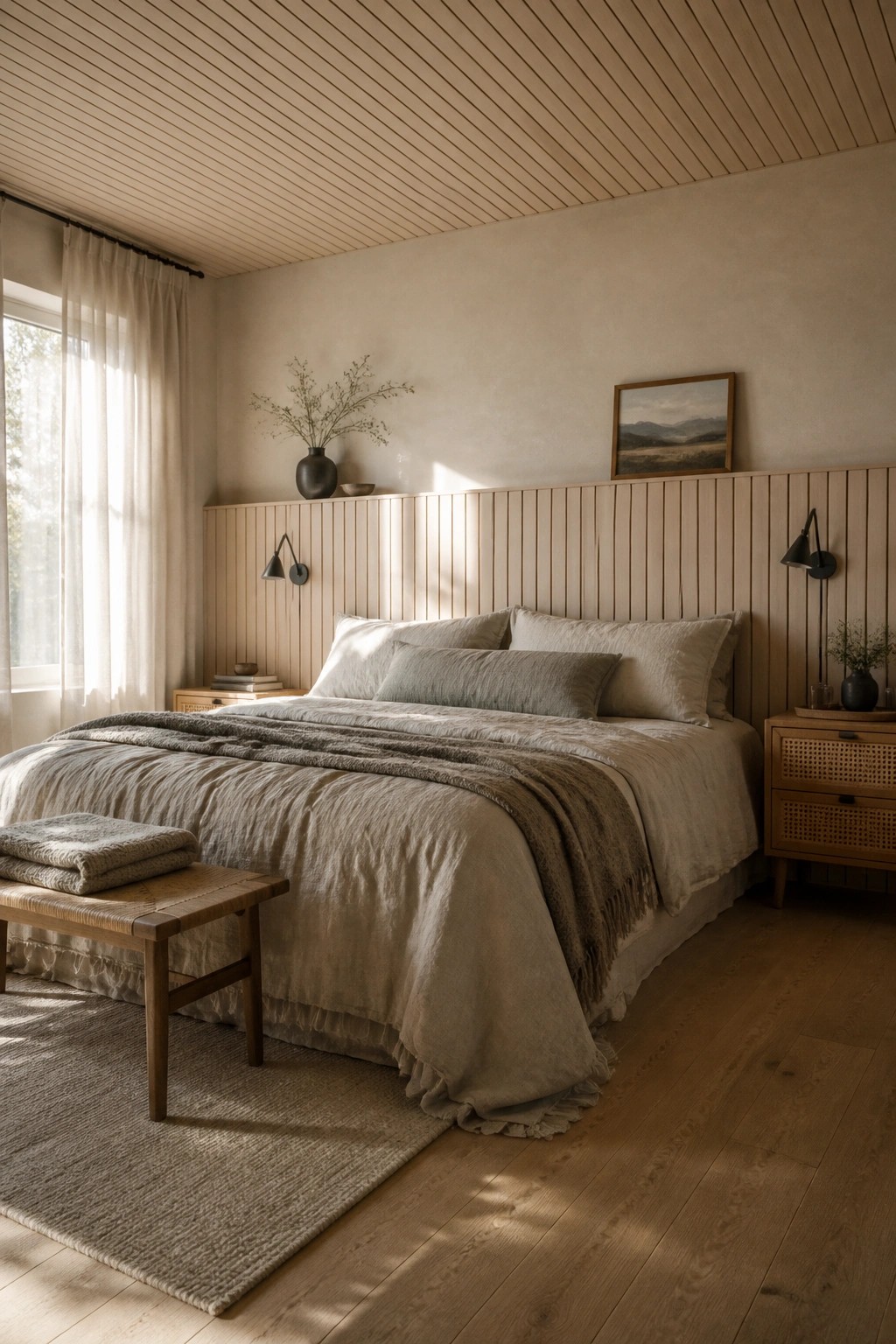 A bedroom with a light wood slat ceiling, a large bed with neutral bedding, wall sconces, and a wooden bench at the foot of the bed.