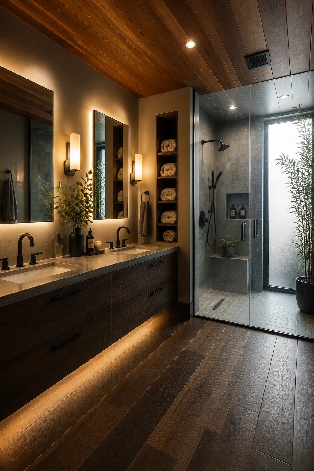 Modern bathroom with wood slat ceiling, double vanity in dark wood, and glass shower enclosure.