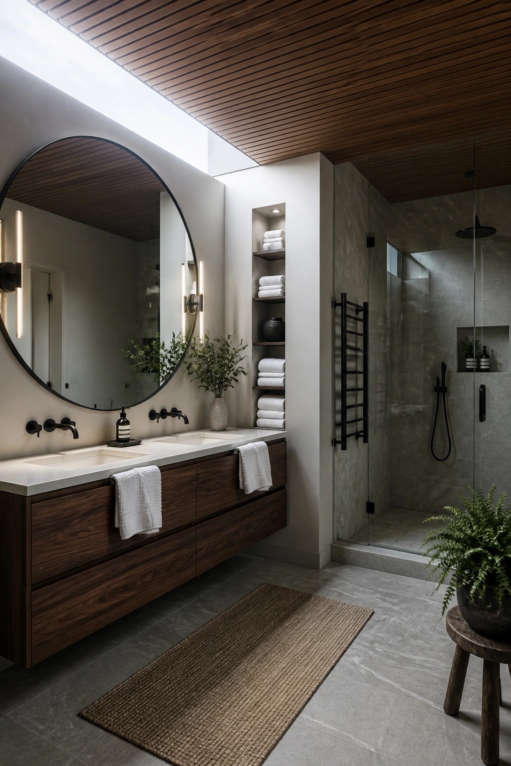 A modern bathroom with a wood slat ceiling, floating dark wood vanity, round mirror, built-in shelving, and a glass-enclosed shower.