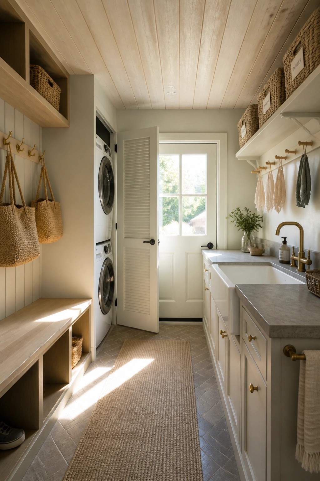 A narrow laundry room with a light wood slat ceiling, white cabinets, a farmhouse sink, stacked washer and dryer, and an open door to the outside.