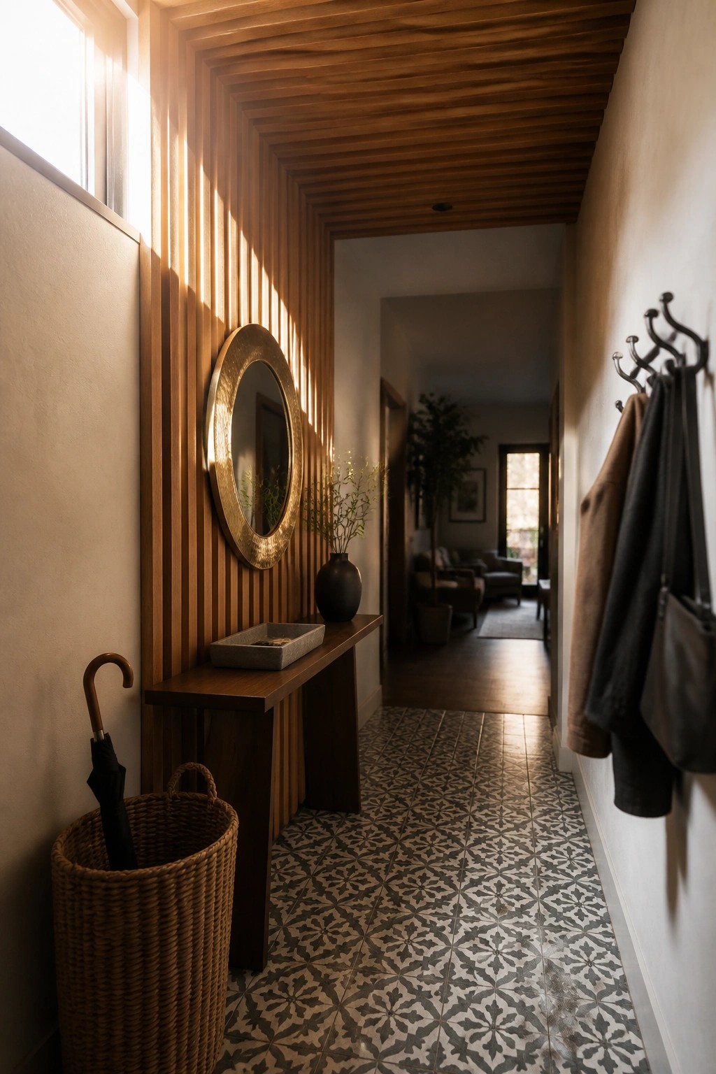 A narrow interior hallway featuring a wood slat ceiling, a round mirror on a wood-paneled wall above a console table, and patterned tile flooring.