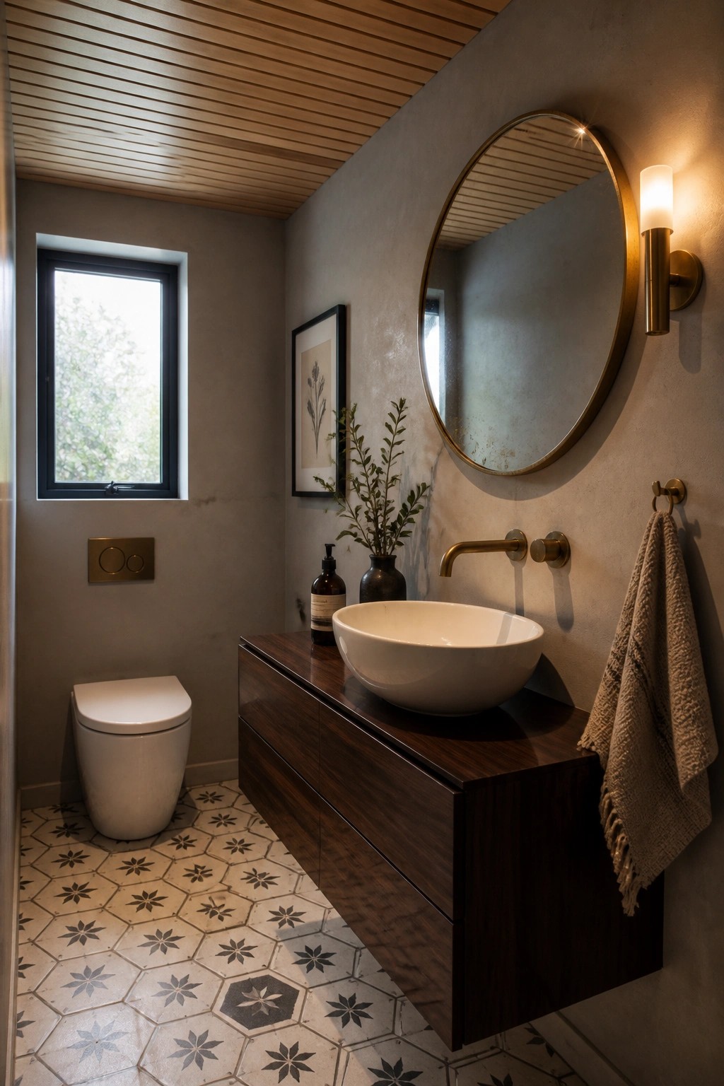 A bathroom interior with a wood slat ceiling, floating dark wood vanity, round mirror, and patterned tile floor.