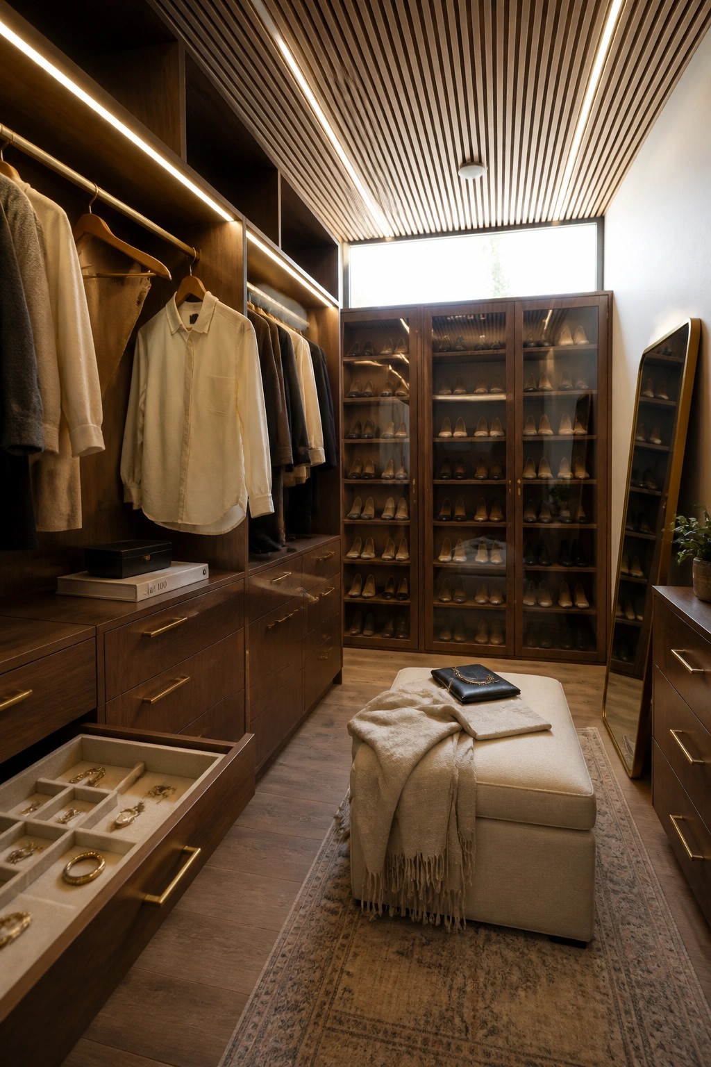 Luxurious dark wood walk-in closet with illuminated shelves, shoe cabinets, jewelry drawer, and central ottoman.