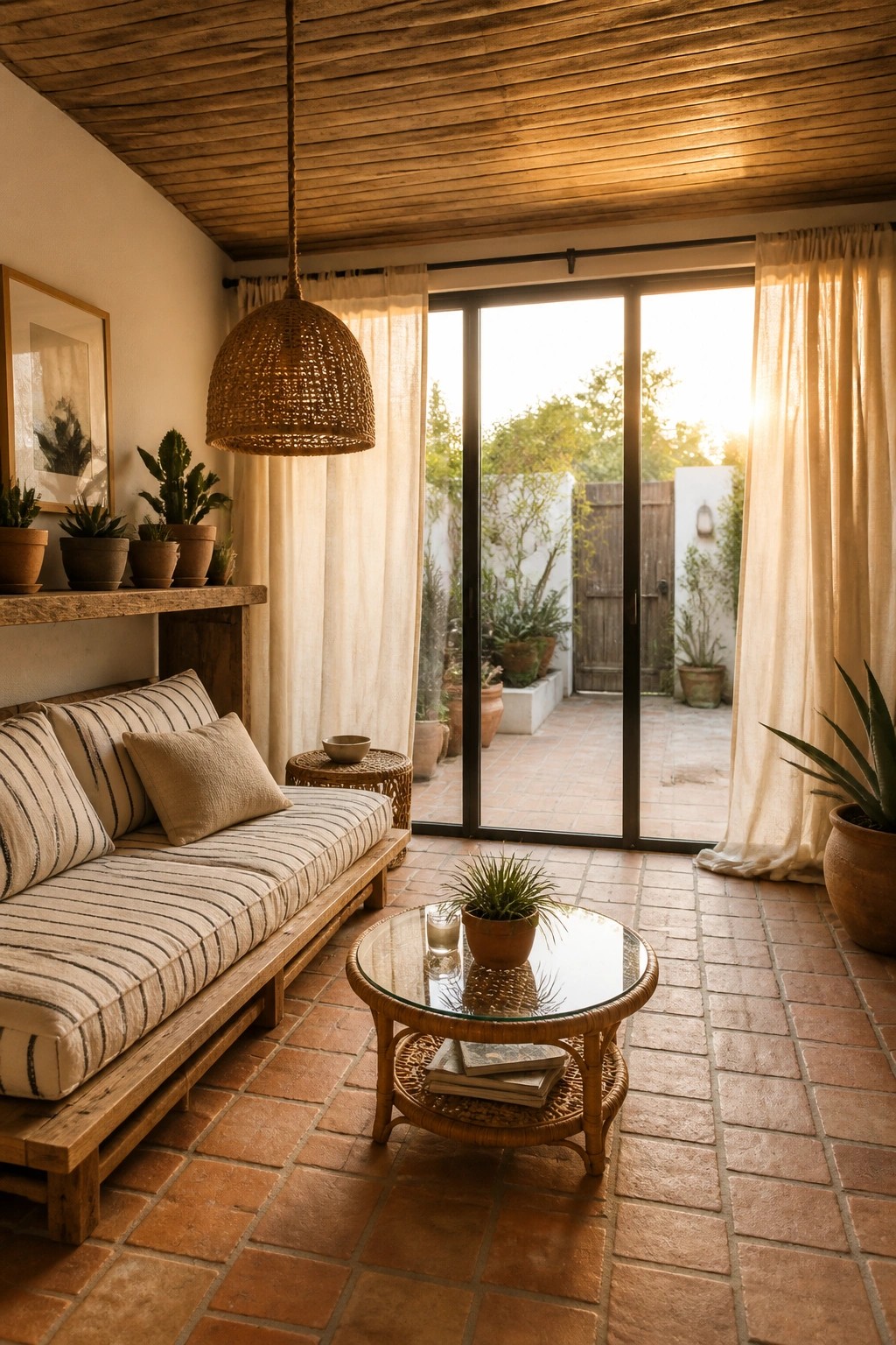 An interior room with a horizontal wood slat ceiling, a striped daybed on the left, a round glass coffee table, and open doors leading to a terracotta patio.