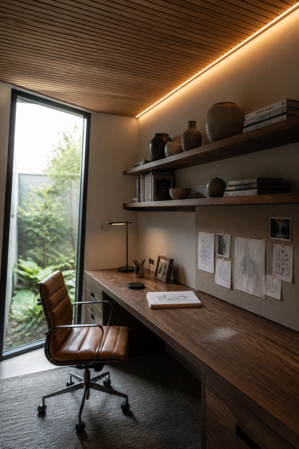 A home office interior showing a wood slat ceiling with integrated cove lighting above a long wooden desk and brown leather chair.