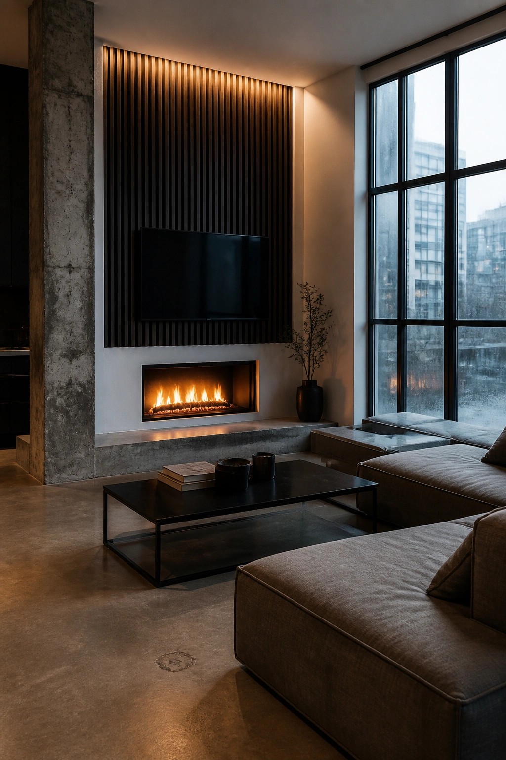 A modern living room with a linear fireplace set into a wall covered in vertical dark wood slats, a wall-mounted TV above it, and a large window to the right.