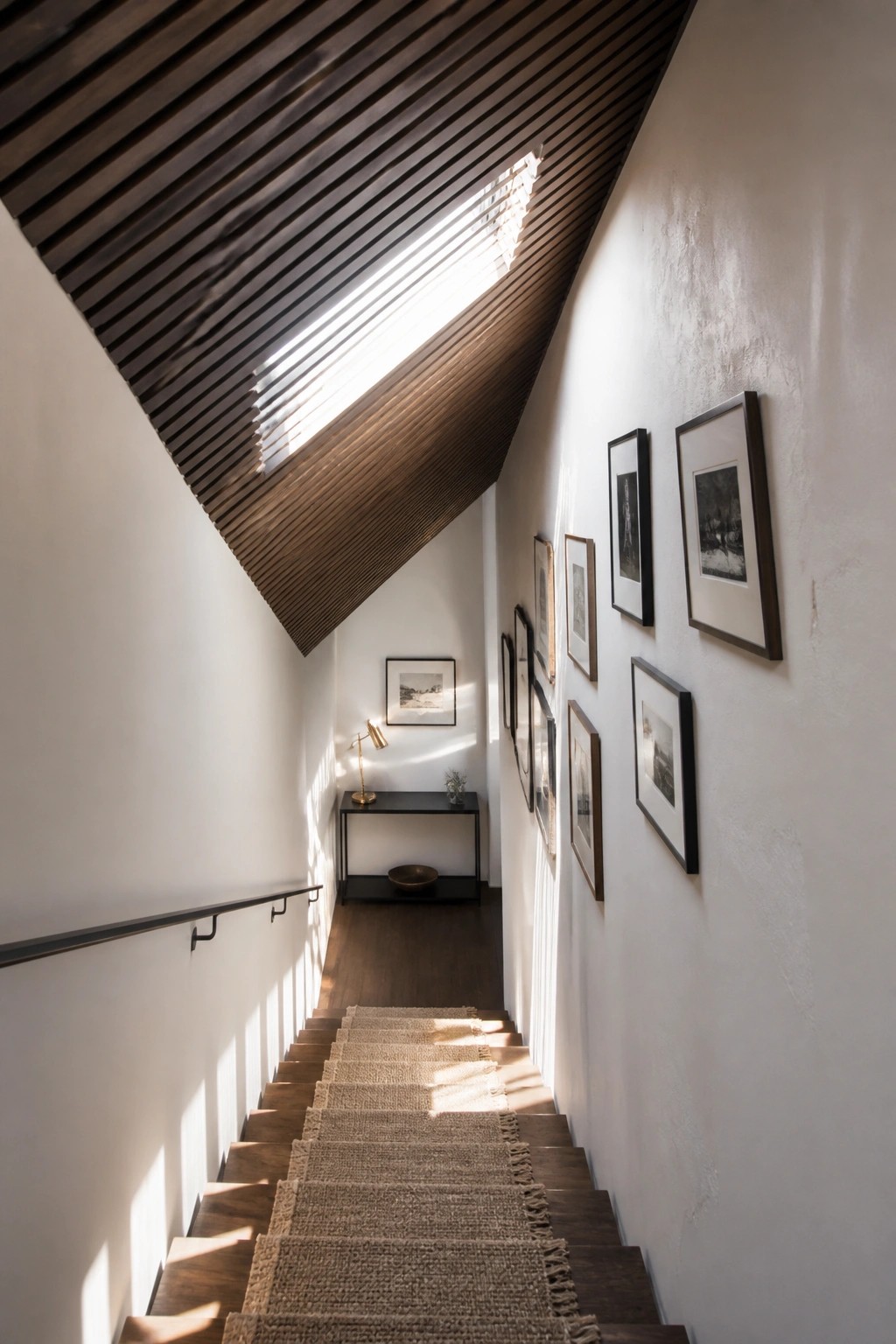 Sunlit wooden staircase with woven runner, slatted ceiling, and framed gallery wall