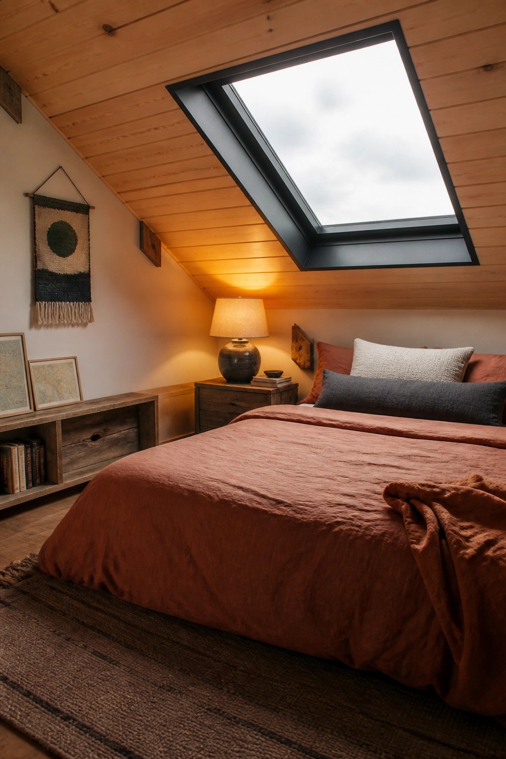 A bedroom interior with a sloped wood plank ceiling, a large skylight, terracotta bedding, and a woven wall hanging.