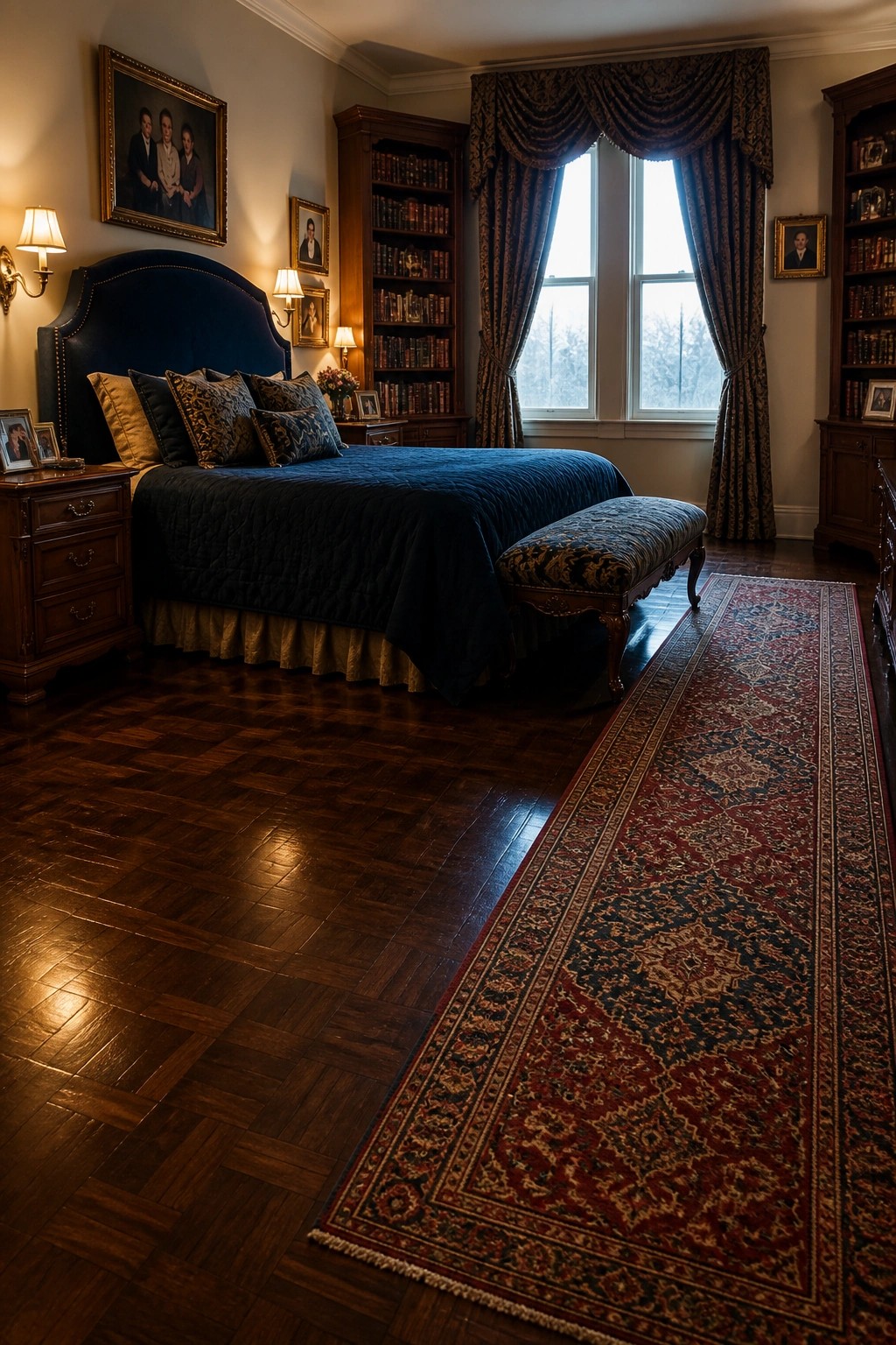 A bedroom featuring dark hardwood flooring, a large bed with blue bedding, wooden bookshelves, and a long patterned rug along the floor.
