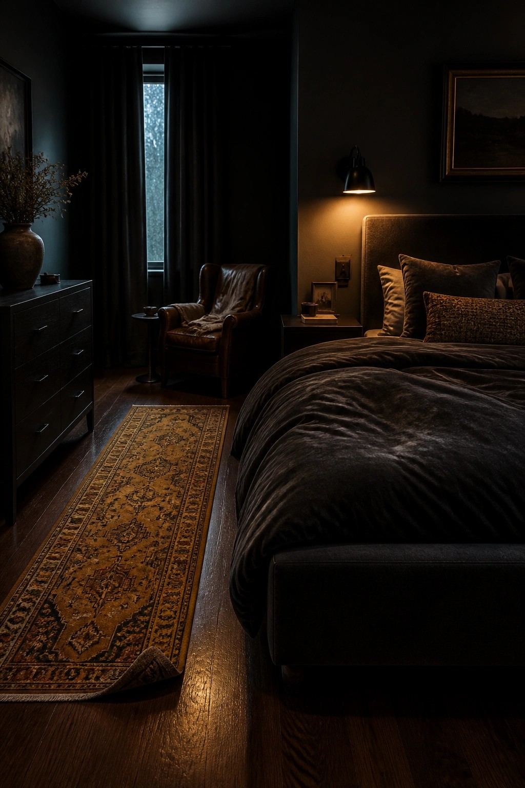 A dark bedroom interior with hardwood flooring, a long patterned runner rug, a bed with dark bedding, a leather armchair, and a lit wall sconce.