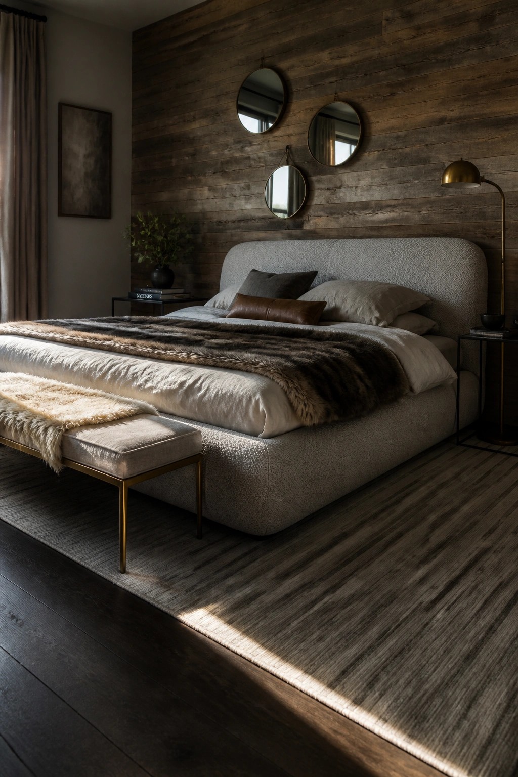 A bedroom featuring a large upholstered bed on dark wood flooring partially covered by a light rug, with a wooden accent wall and round mirrors above the headboard.