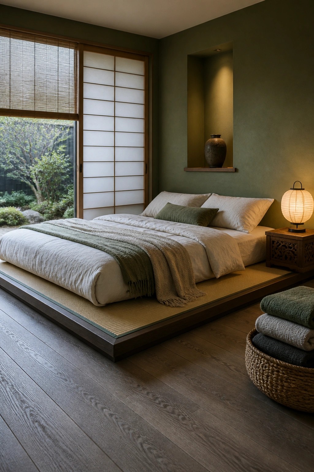 Japanese zen bedroom with low tatami bed, paper lantern, and green walls