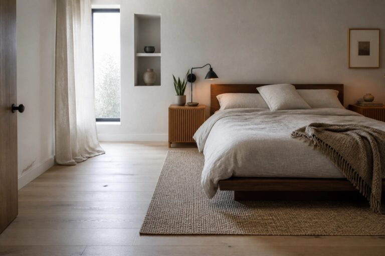 17 Cozy Bedroom Wood Flooring Ideas Focused on Warmth and Quiet Texture A bedroom with light wood plank flooring, a large woven rug under a wooden bed with white linens, built-in wall niches, and a lit wall sconce.