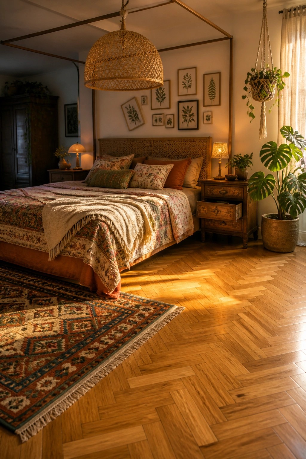 A bedroom interior featuring herringbone wood flooring, a bed with layered textiles, and a large patterned rug in the foreground.