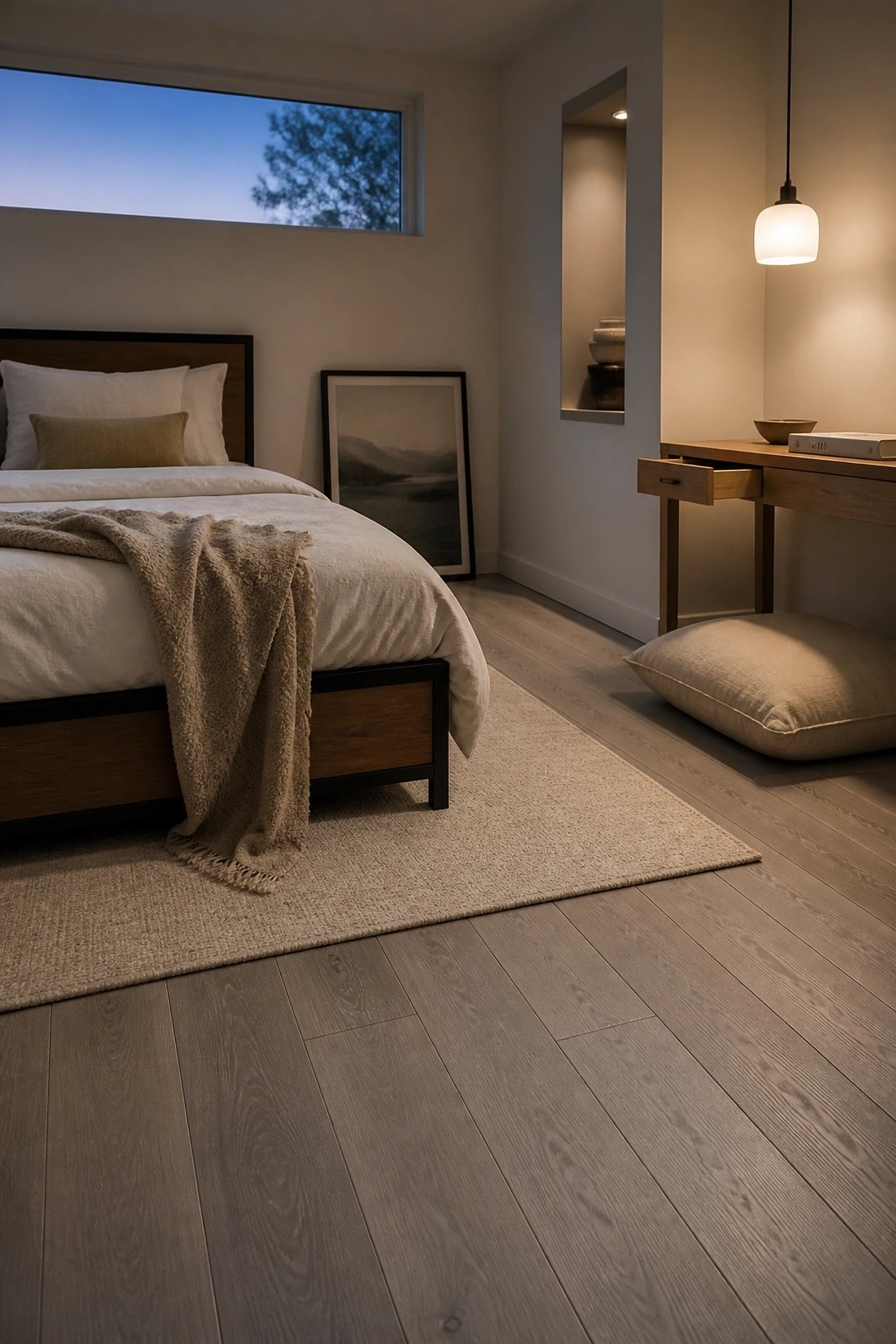 A bedroom interior showing light gray wood flooring with a large beige rug under a wooden bed frame, white bedding, and a nearby wooden desk.