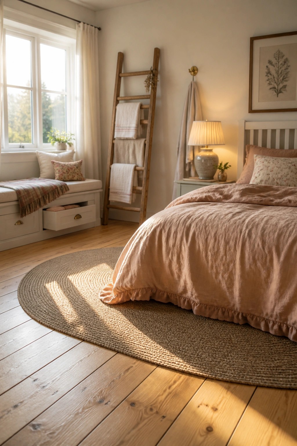 Cozy sunlit bedroom with ruffled peach bedding, round jute rug, and towel ladder
