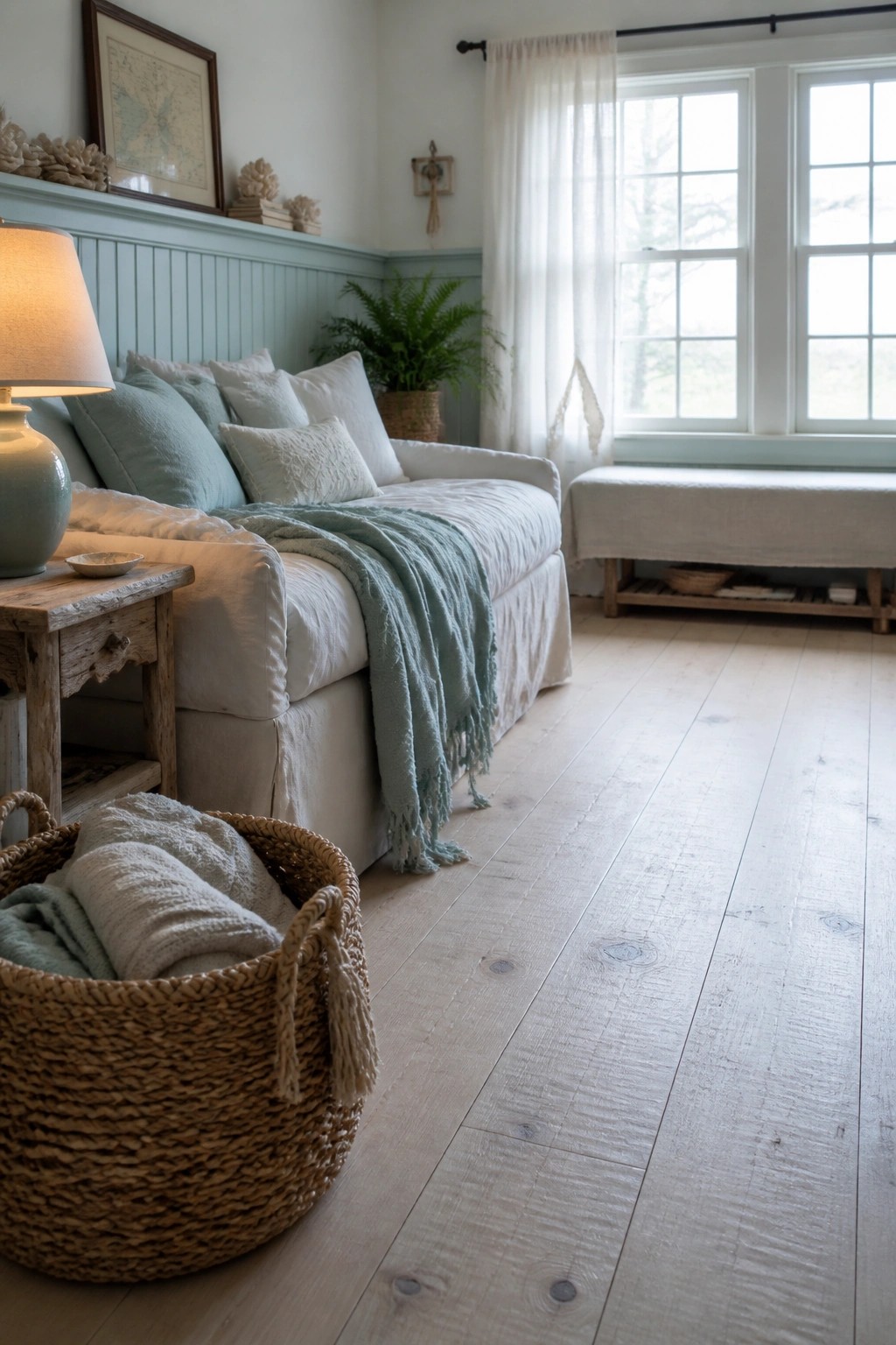 Light wood flooring in a room with a white sofa, pale blue-green walls, and a woven basket on the floor.