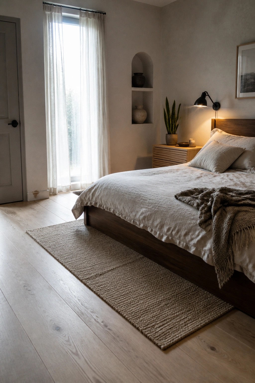 A bedroom with light wood plank flooring, a large woven rug under a wooden bed with white linens, built-in wall niches, and a lit wall sconce.