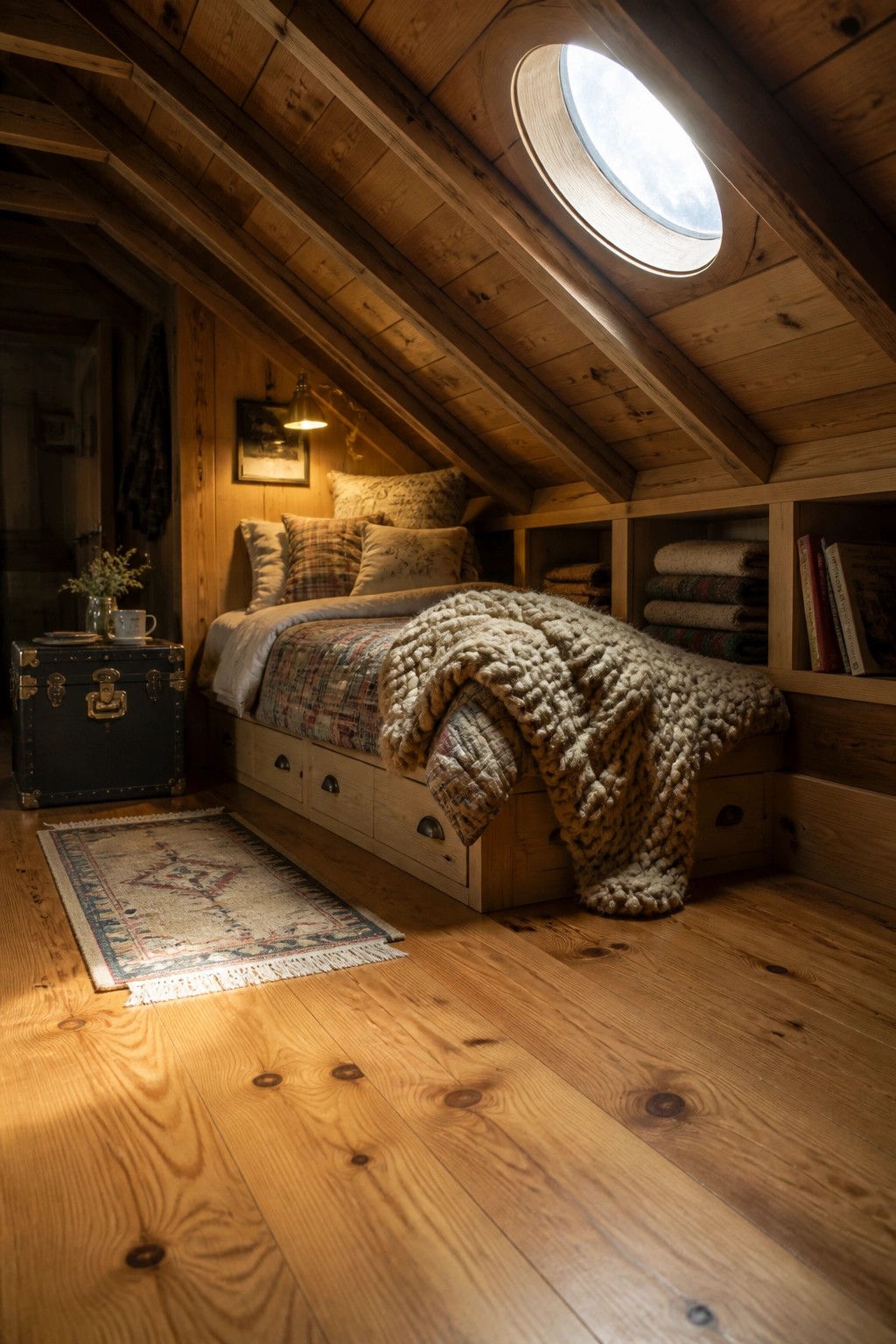 A cozy attic bedroom with light wood plank flooring, a bed with pillows and a chunky knit blanket, built-in shelves, and a round window in the sloped wooden ceiling.