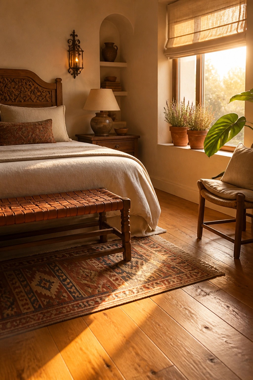 A bedroom with light wood flooring, a bed with white linens and a patterned pillow, a woven leather bench, a colorful rug, a nightstand with a lamp, and sunlight streaming across the floor from a window with potted plants on the sill.