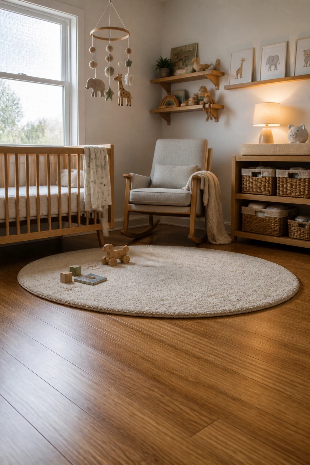 A bright nursery with light wood flooring, a wooden crib on the left, a rocking chair, wall shelves, and a large round white rug with wooden toys.