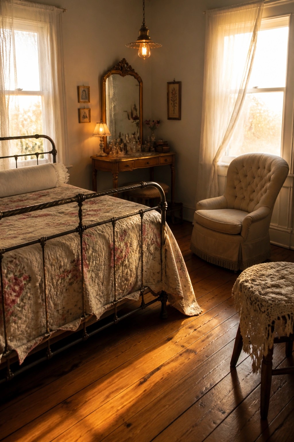 A bedroom with wide plank hardwood flooring, an iron bed, wooden vanity, tufted armchair, and sunlight across the floor.