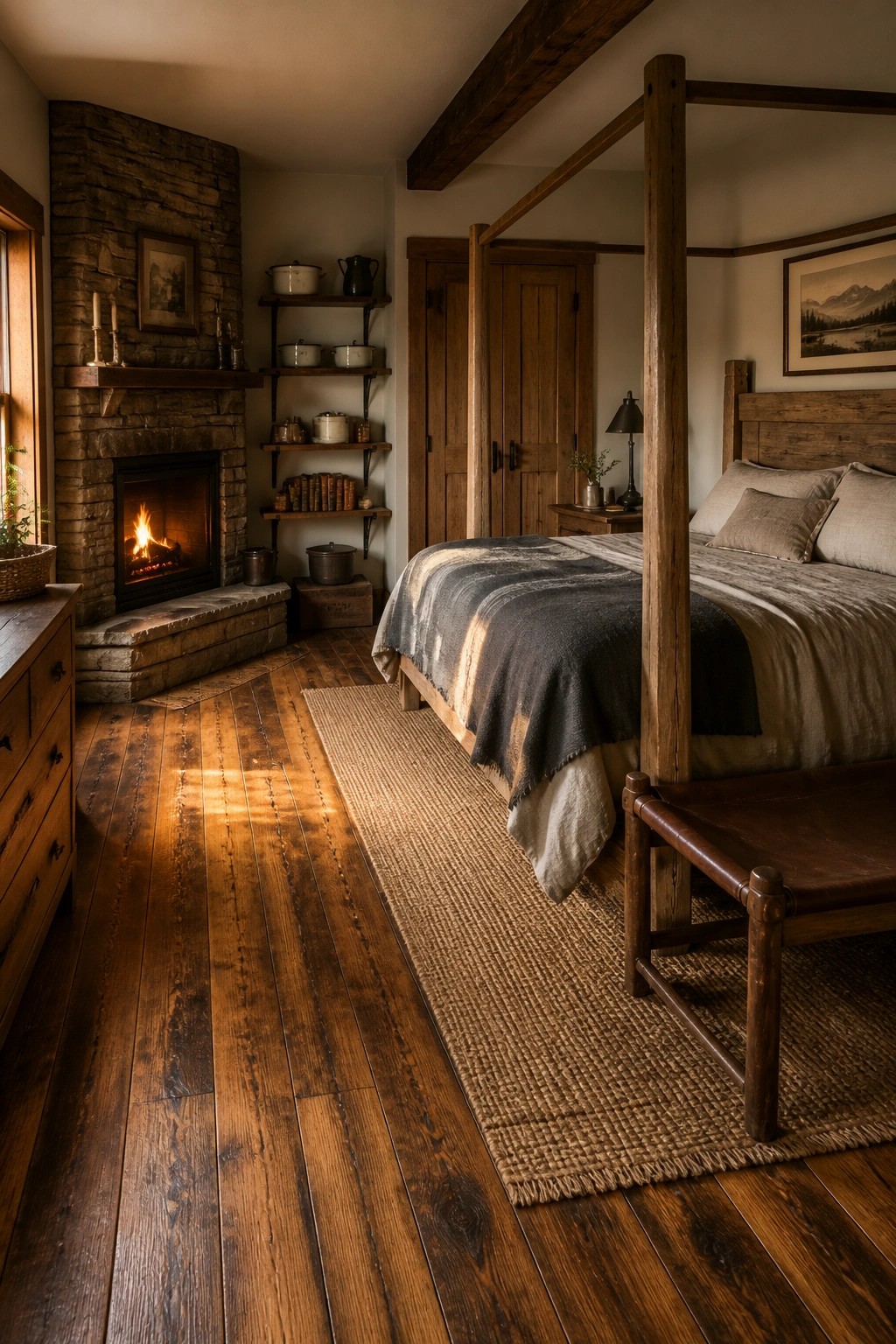 A bedroom with wide plank dark wood flooring, a four-poster bed with neutral bedding, a woven rug, and a stone fireplace on the left wall.